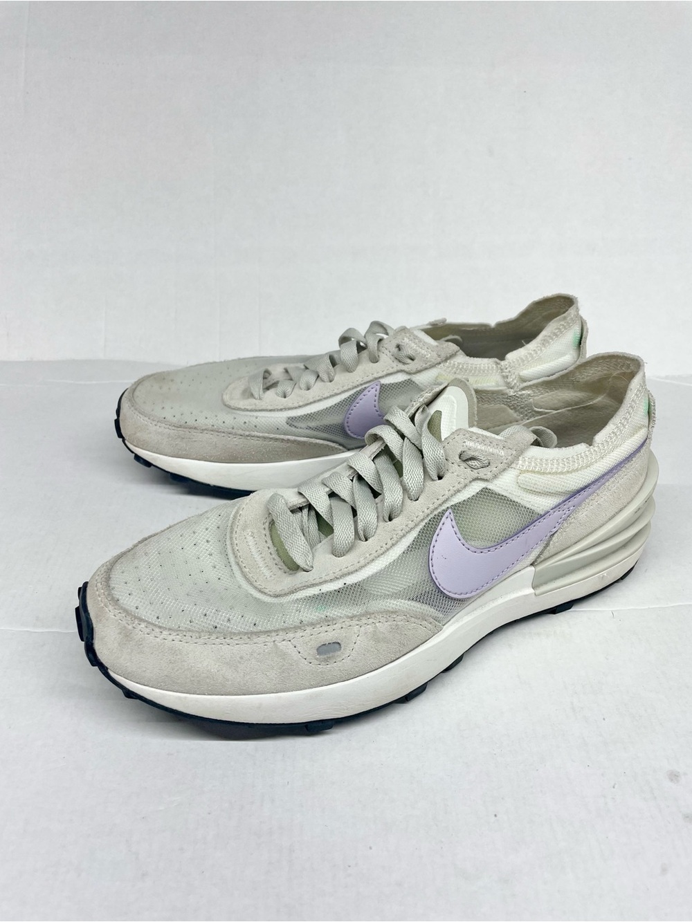 Nike Women's Light Gray Sneakers with Lavender Swoosh